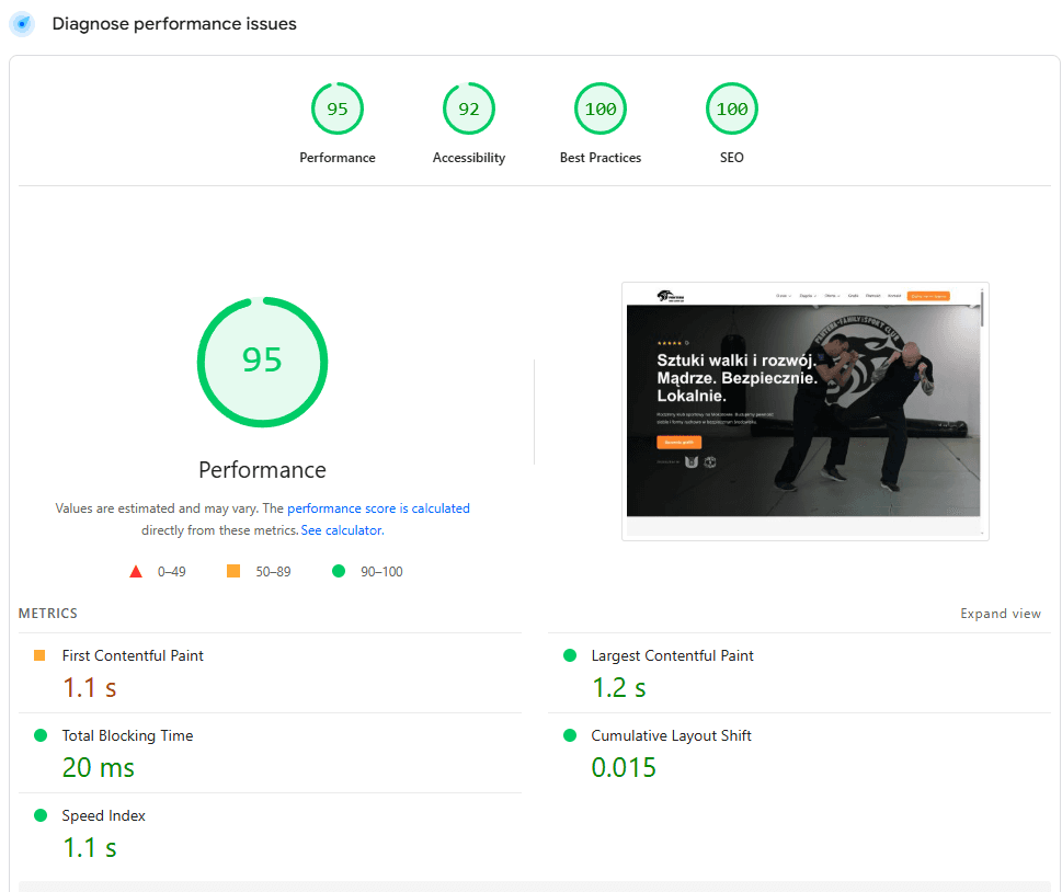 PageSpeed Insights panel — Performance 95, Accessibility 92, Best Practices 100, SEO 100